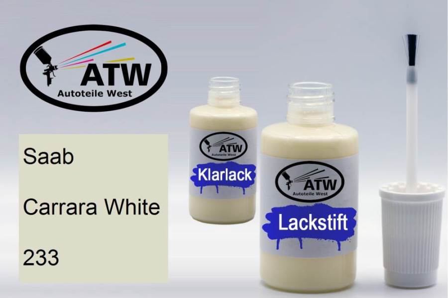 Saab, Carrara White, 233: 20ml Lackstift + 20ml Klarlack - Set, von ATW Autoteile West.